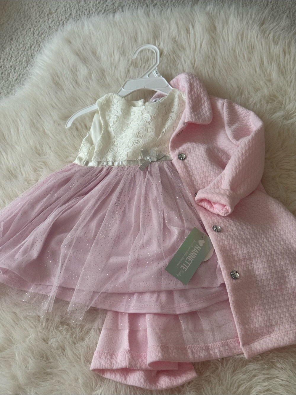 Nanette Baby Pink Tulle Dress with Cream Lace Bodice and Pink Coat
